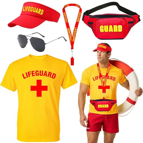 Glirop Life Guard Costume Set, Lifeguard Fancy Dress Include T-shirt Hat Fanny Pack Whistle Sunglasses Beach Costume Acccessories for Women Men Pool Party Halloween Cosplay(Style B, 2XL)