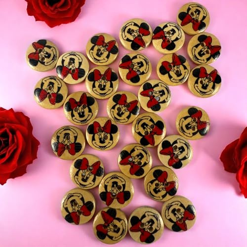 Disney 15mm Minnie Mouse Wooden Sewing Buttons - 2 Hole Knitting Cardigan Buttons - Pack of 10 - Cute Craft Supplies for Kids & Adults