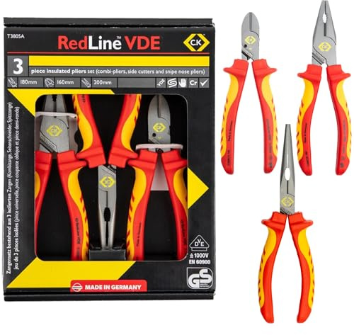 C.K Redline 2025 Edition VDE 3pc Set Pliers & Cable Cutters Kit, German Electrical Insulated Combination Plier, Snipe Nose & Combi Wire Cutter, Electrician Croppers, Electricians Snips CK Tools T3805A