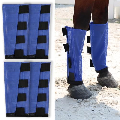 Wizbrio Premium 4-Pack Horse Fly Boots & Leggings Loose-Fit Fine Mesh with Stay-On Fasteners, Support Strips & Anti-Stomp Design Breathable Non-Slip Protection Leg Wrap (Large) Royal Blue