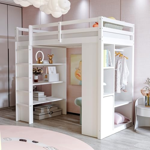 Luxeza Cama alta para niños de 90 x 200 cm, con estantes de varios niveles, con perchas simples y compartimentos de almacenamiento, con 1 carrito organizador extraíble, mucho espacio de almacenamiento