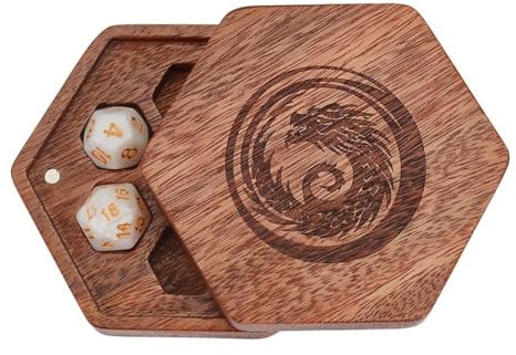 BENECREAT Scatole Magnetiche per Dadi in Legno di Noce, Scatola Esagonale per Dadi da Gioco Poliedrici, Giochi di Ruolo e Giochi da Tavolo, Marrone Cocco