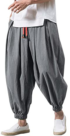 Japanische Leinenhose Baggy Haremshose Herren Sommer Leichte Sommerhose Weite Pumphose Pluderhose Aladinhose mit Kordelzug Elastischer Taille Freizeithose für Männer Junge Y2K Hippie Hose Streetwear