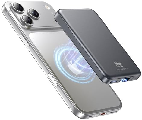 Aobbow Magnetic Portable Charger, 10000mAh MagSafe Battery Pack with LED Display, 20W USB-C Fast Charging Power Bank, Travel Essentials Wireless Charger for iPhone 17/16/15/14/13/12, SpaceGray