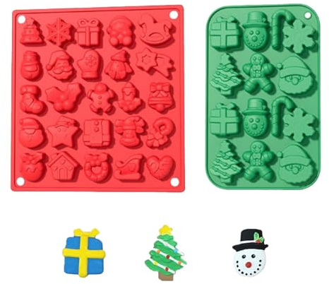 2 Piezas Moldes de Silicona Navideños, Molde de Chocolate/Pasteles/Praliné/Árboles de Navidad/Papá Noel/Bastones de Caramelo y Muñecos de Nieve, Moldes para Hornear Navideños