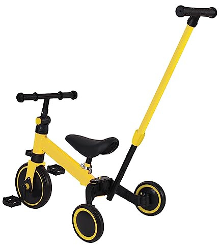 Homewell 3-i-1 barncykel, konvertibel cykel till barn med säte, justerbart styre och tryckstång, 12 månader till 4 år (gul)
