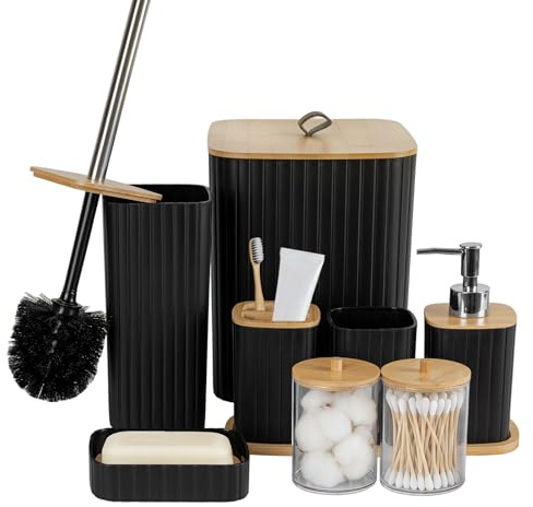 Capslpad Bathroom Accessories Set of 9, Modern Bathroom Accessory Set with Trash Can, Toilet Brush, Toothbrush Holder, Toothbrush Cup, Lotion Soap Dispenser, Soap Dish, Qtip Holder,Tray for Home Decor