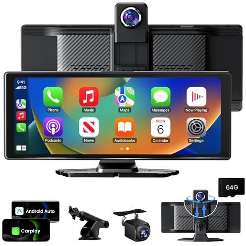 10.26 Wireless CarPlay Screen - 360° Rotation 4K Dash Cam CarPlay & Android Auto Portable Car Stereo Car Audio Receivers with 1080P Backup Camera, Mirror Link GPS Navigation Voice Control/Siri