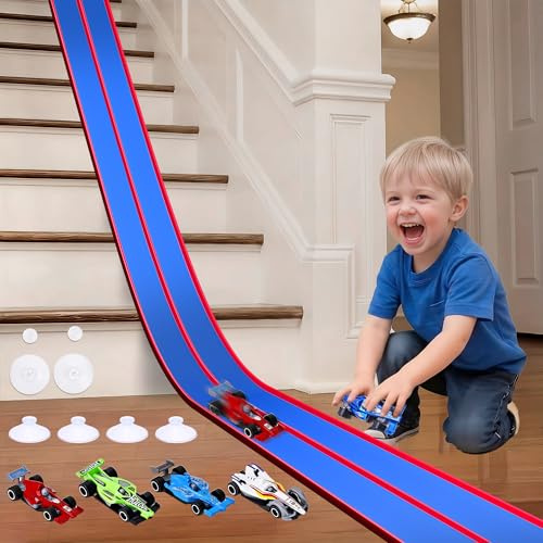 4.5m Flexible Race Car Track for Kids, Double-Sided Racetrack and Dual Racetrack,Compatible with 1:64 Diecast Cars, Portable Roll Up Track Toy for 3 4 5 6 7 8 Year Old Boys (Red Blue)