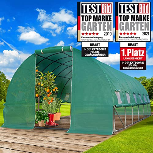 BRAST® Gewächshaus Foliengewächshaus mit Stahlfundament | 2x3m - 3x8m | inkl. Erdanker & aufrollbare Seitenwände mit Moskitonetz | UV-stabilisierte & verstärkte Gitterschutzfolie 200g/m² | 300x600cm