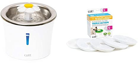 Catit Bebedero Fuente Flor Acero INOX 3L Leds 760 g + Cartucho Triple Acción para Flower Fountain, 5 Unidades