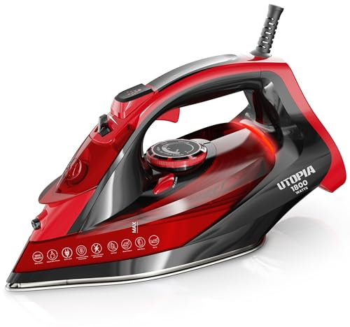 Steam Iron for Clothes - Non-Stick Soleplate - 1800W Clothes Iron - Adjustable tat Control, Overheat Safety, Variable Steam Control, Auto-Off, Self-Clean, 8 Feet Cord Red/Black