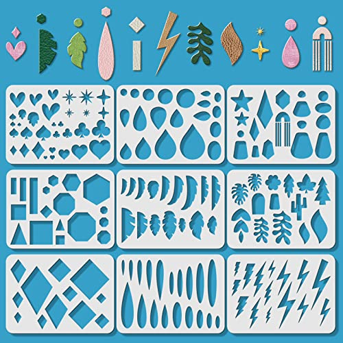 ORIGACH 9 Pcs Reusable Earrings Making Template Leather Earring Templates, Plastic Cutting Stencil with Differnt Patterns for Earrings Necklace Making Jewelry Crafts