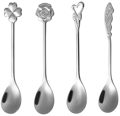 Ouliget Stainless Steel Coffee Dessert Spoon, Cute Demitasse Spoon for Stirring, Creative Flower Sugar Spoon, 4 Pieces