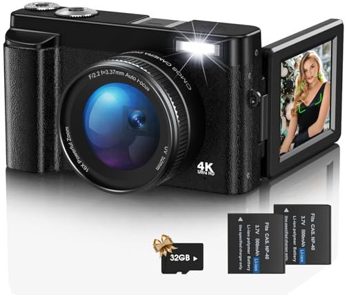 Digital Camera,4K UHD 48MP Autofocus Vlogging Camera for Youtube with 16X Digital Zoom,180° Flip screen Camera with 32G Card and UV lens,Compact Camera for Teenagers, Beginners,Adults Black