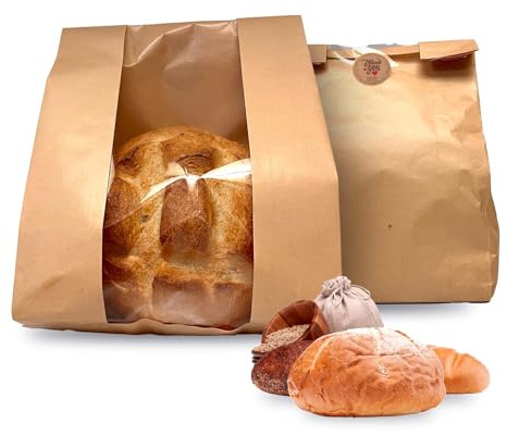 50pcs, Paper Bread Bags with window, Large bakery bread bags for homemade baked goods, Sourdough, Snacks, Packing Storage, Gifting Bag, Bonus Sticker Seal, Kraft Paper, 13.6 x 8.25 x 3.75 inches
