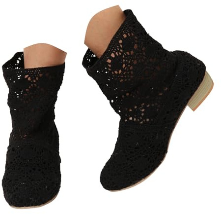 Dasongff Botines Botines Botines de encaje para mujer, botas de encaje con tacones de bloque, punta redonda, estilo bohemio, botas de oficina elegantes, botas de trabajo para mujer, antideslizantes