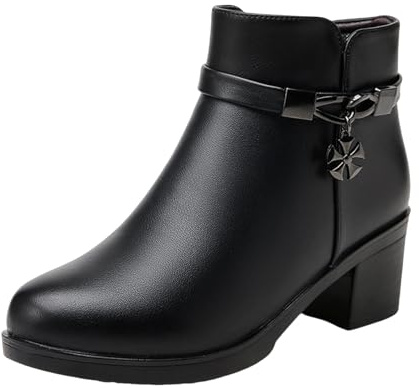 Botines para mujer, talla grande, tacón alto, piel, botas cortas, moda, chic y elegante, botas al aire libre, antideslizante, ligero, otoño, invierno, zapatos de mujer, negro 1, 34 EU