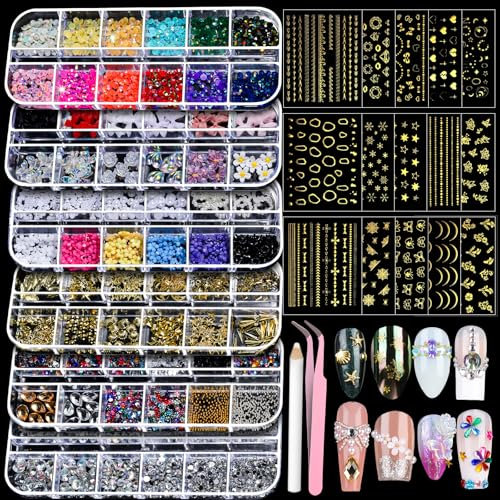 Teenitor Nail Rhinestones Nail Art Tools with 15 Sheets Gold Nail Art Stickers, 6 Boxes of Nail Charms Nail Gems Nail Pearls Nail Jewels