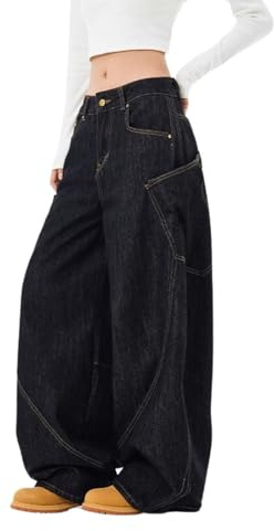 Lafaguw Baggy Jeans for Woman Men High Waisted Barrel Leg Jeans Casual Loose Denim Pants Streetwear Clothes(Black1-M)