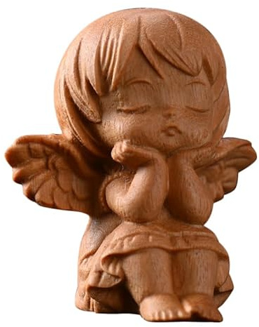 BESTonZON Modèle de sculpture sur bois Figurines d'ange Petit ange Fait à la main Modèle Statue de l'ange de jardin Extérieur Artisanat en bois Mini ornement de bureau Kaki Bois