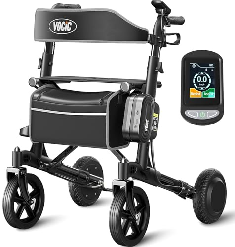 VOCIC Z73 Rollator Elettrico Pieghevole con Sedile, Assist&Resist E-Rollator per Appartamento con Controller Touchscreen, Rollator Pieghevole per Anziani, Ausilio per Camminare in Alluminio, Nero