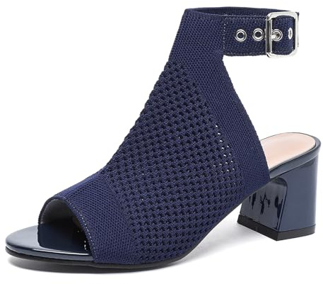 GHIBHNA Women'S Knitted Peep Toe Slingback Chunky Heel Buckle Ankle Boots Summer Breathable Mesh Open Toe Hollow Block Heel Sandals Fashion Work Walking Sandals (Dark Blue,9)