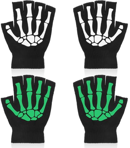 CIATBYYJ Halloween skelett handskar, 2 par ljusa halvfingerhandskar skelett, fingerlösa ben handskar, skelett handskar unisex kostym tillbehör för halloween, karneval, cosplay