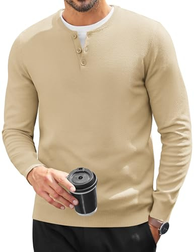 COOFANDY Chemise Henley Homme Manches Longues T-Shirts Basiques pour Hommes Patte de Boutonnage Chemise Manches Longues T-Shirt Uni Pull Coupe Regular