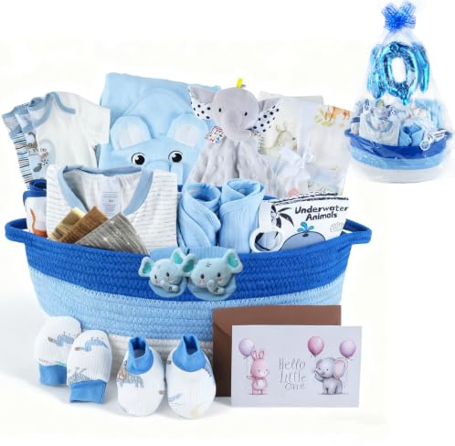 Budyvayi 22-delars presentkorgsset för baby, blå (0-12 m nyfödd) | Premium babyshower gåvor för pojkar: Essentials för nyfödda i vävd korg med ballong och båge, ultimat välkommen babypaket