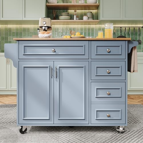 Merax Isola da cucina con piano di lavoro pieghevole, carrello da cucina mobile, armadio da cucina su ruote, con 2 ante e 5 cassetti e portasciugamani, 110 x 45 – 75 x 92 cm, blu