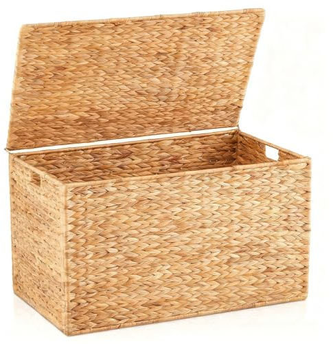 Klippehop Handwoven Water Hyacinth Storage Trunk with Lid - 160L Large Wicker Blanket Box & Toy Chest - Rattan Storage Basket with Metal Frame & Handles for Bedroom, Living Room - 76x45x45cm, Natural