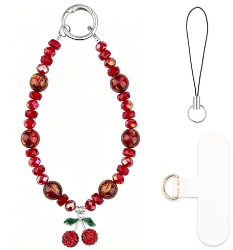 HONZUEN Cordino per Cellulare con Perline, Laccetto per Cellulare da Polso, Laccio Telefono con Perle Cristallo, Accessori per Cellulari Charm per Borsa e Chiavi, Phone Charm per Donne, Ciliegia Rossa