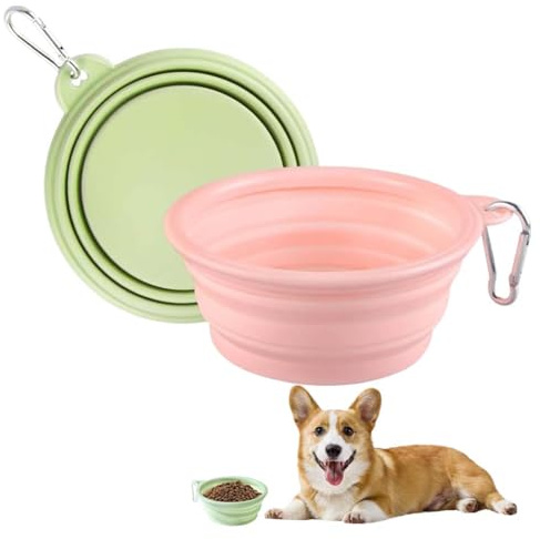 GNALIA Ciotola Portatile Per Cani In Silicone Pieghevole, 2 Pezzi Da Viaggio Con Moschettone, Per Cibo E Acqua, Capacità 350Ml, Colore Rosa E Verde