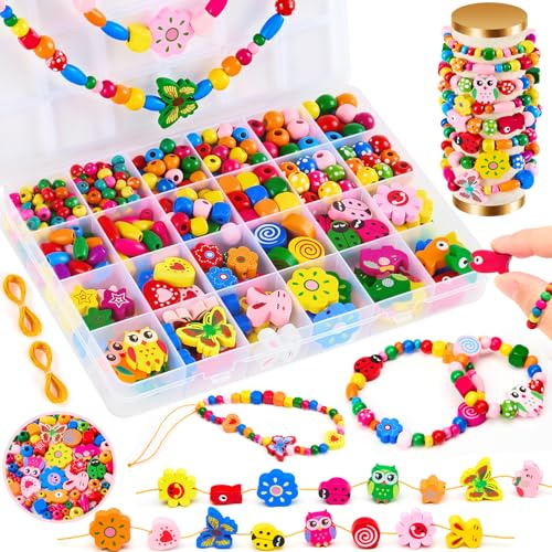 Wooden Beads for Children Aged 4 Years and Above, Beads for Bracelets, Craft Kit with Flowers, Animals and Macaron Beads Including String for DIY Bracelets (Rainbow Colours)
