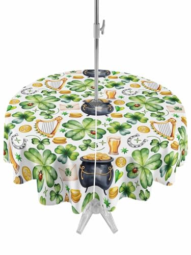 Outdoor Table Cloth with Umbrella Hole and Zipper,St. Patrick's Day Waterproof Round Tablecloth 60 Inch,Lucky Shamrocks Harp Beer Horseshoes Envelope Washable Table Cover for Outside Party Patio