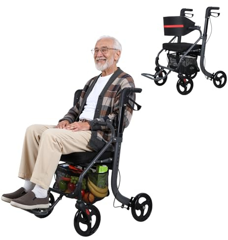 Andadores con ruedas 2 en 1 para personas mayores, andador silla de ruedas plegable con asiento, silla de transporte médica con ruedas de 8 pulgadas (20 cm) con respaldo, altura ajustable para adultos