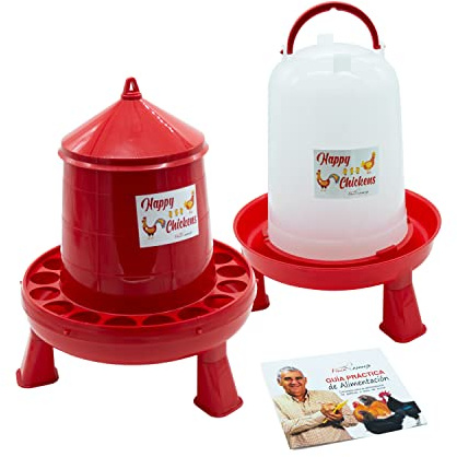 FINCA CASAREJO Pack Comedero y Bebedero con Patas para Gallinas - Comedero y Bebedero Happy Chickens 12 kg y 10L - Plástico Resistente - Incluye Guía Práctica de Alimentación de Gallinas