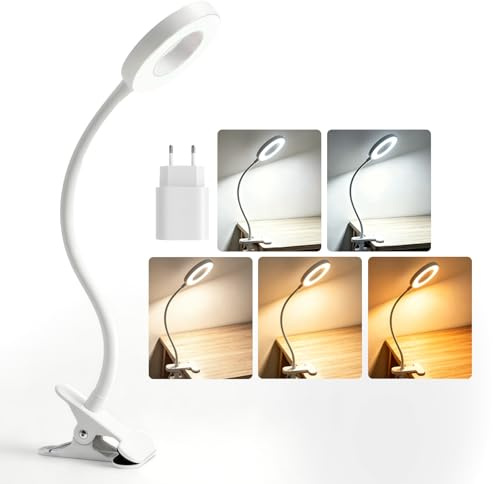 Akynite Lampada da Scrivania USB con Pinza e Timer, Adattatore incluso, 5 Colore 10 Intensità, Lampada Pinza Bianca, 48 LED Lampada con Clip, Flessibile Lampada da Lettura Letto