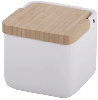 KOOK TIME Ceramic Salt Cellar with Bamboo Swivel Lid | Modern Kitchen Storage Pot for Salt, Spices or Sugar | 11.5 cm White Matt Finish