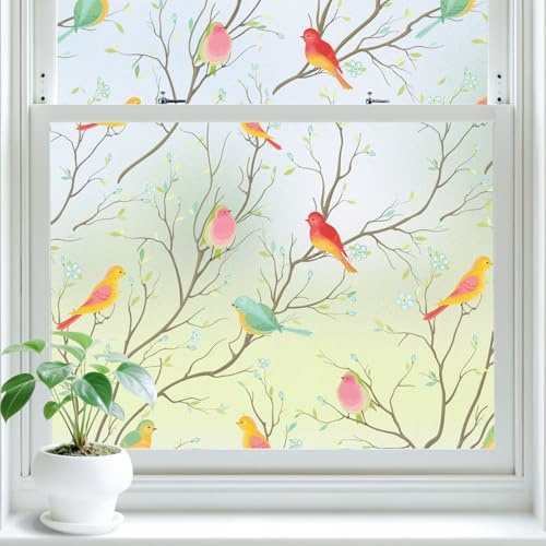 Lifetree Stained Glass Window Film Privacy for Glass, Frosted, 60 * 200cm | UV-block Protection, No-glue Static Cling, Removable No Residue, Bird Decorative Patterned Window Film for Home & Office