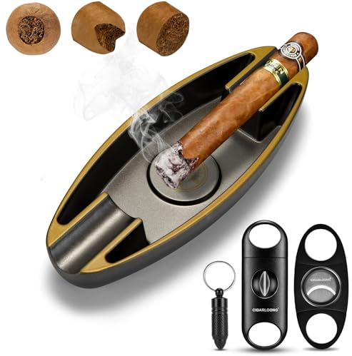 Cigar Ashtray and Cutter Set Portable, Include Ashtray V Cut Straight Cutter Punch, Cigar Accessories for Travel Home Office Indoor and Outdoor,Gift for Man