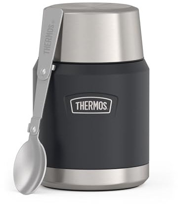 Thermos ICON Food Jar 0.47 L, Dark Grey Matte Graphite, Food Jar 470 ml, Double-Walled 18/8 Stainless Steel, Keeps Warm and Cold, with Folding Spoon, Non-Slip Base, Completely Leak-Proof