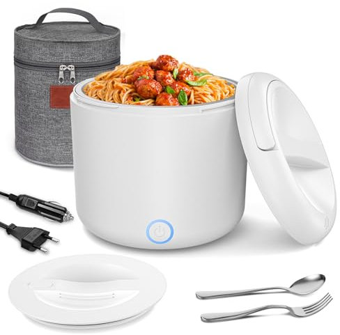 Herrfilk 100W Elektrische Lunchbox Erwachsene, 1.2 L Thermo Lunch box mit Besteck und Isolierter Lunchbeutel, 3-in-1 12/24/230V, Auslaufsicherer, 304 Edelstahl, Beheizte Brotdose für Auto, LKW, Büro