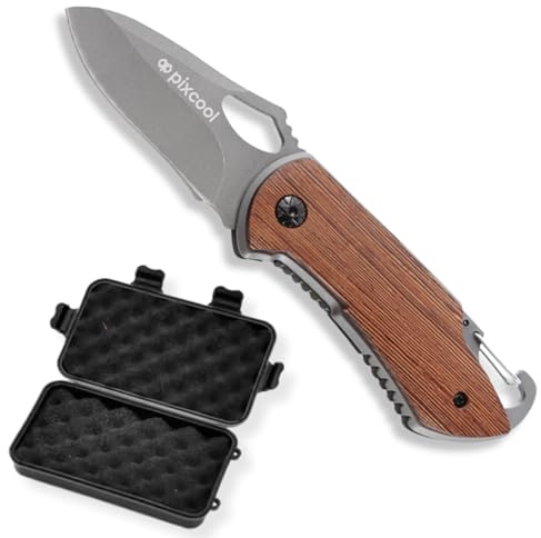 Pixcool | Fällkniv med vattentät väska | EDC fällkniv i trä | Stöt- och vattenbeständigt fodral | Perfekt present för män för ditt överlevnadskit