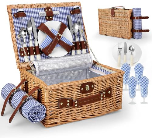 SenDeluz Picknickkorb für 4 Personen, Handmade Willow Hamper Korb mit Picknickdecke, 4 Sätze von Utensilien Besteck perfekt für Picknick