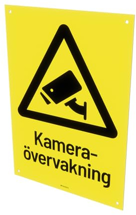 Nosico, Kameraövervakningsskylt, Aluminium 1,5 mm, 1-pack, Svenska, Varningsskylt för Bevakning, Förborrade Skruvhål, Olika Färger och Storlekar (Gul/Svart, 21,0(L) x 14,8(B) cm)