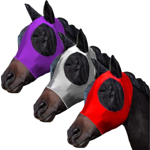 FOXLVDA 3 Pcs Horse Fly Mask - Fly Masks for Horses with Ears, Fashionable and Breathable Stretch Fabric with UV & Sun Protection for Average Size Horses (Red-Purple-Gray)