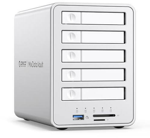 ORICO All-Flash 5 Bay RAID Festplatten gehäuse Kompatibel 2.5 SATA HDD/SSD mit 10Gbps USB 3.2 Gen 2, Daisy Chain Erweiterung und 7 RAID Modi,Unterstützung 2.5 7mm/9.5mm SATA SSD/HDD-8858RC3