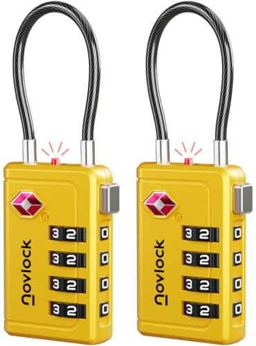 TSA Bagagelås med Alertindikator – 4-siffriga Kombinationslås med Flexibla Kabellås – För Resväskor, Kabinväska, Ryggsäckar, Bagage och Skåp – 2-pack gul